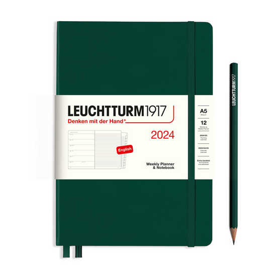 Leuchtturm1917 A5 Medium Hardcover Weekly Planner & Notebook with Booklet 2024 - Forest Green