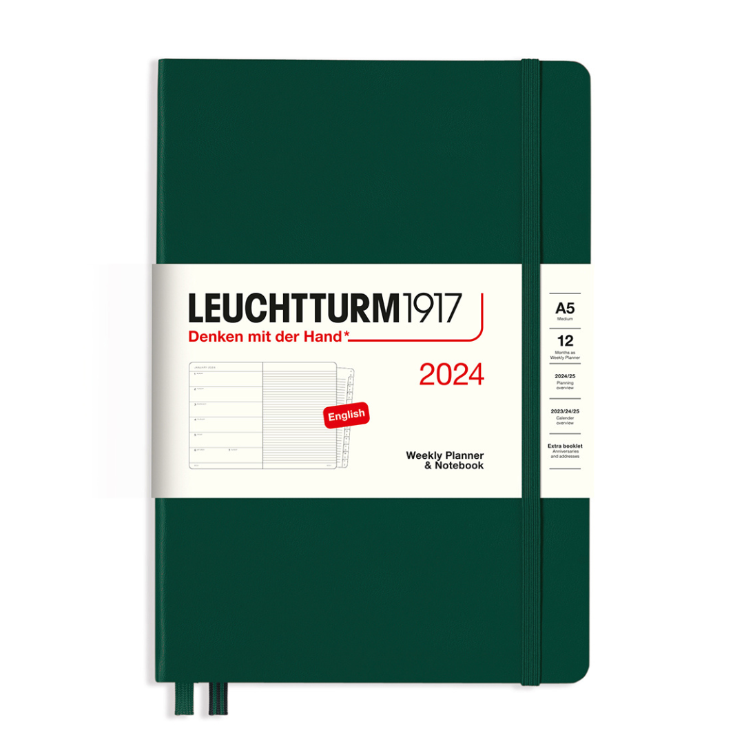 Leuchtturm1917 A5 Medium Hardcover Weekly Planner & Notebook with Booklet 2024 - Forest Green