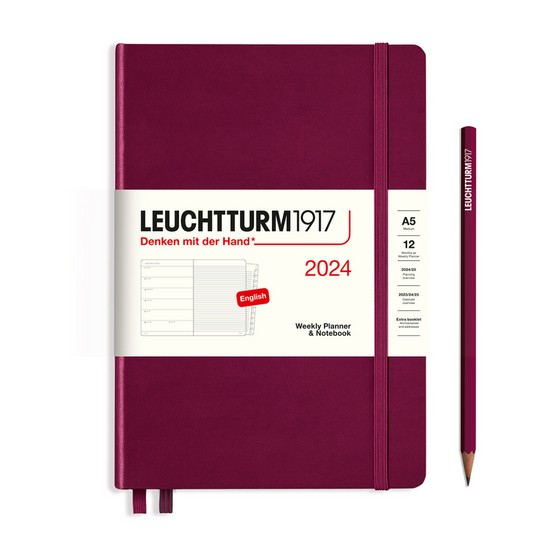 Leuchtturm1917 A5 Medium Hardcover Weekly Planner & Notebook with Booklet 2024 - Port Red