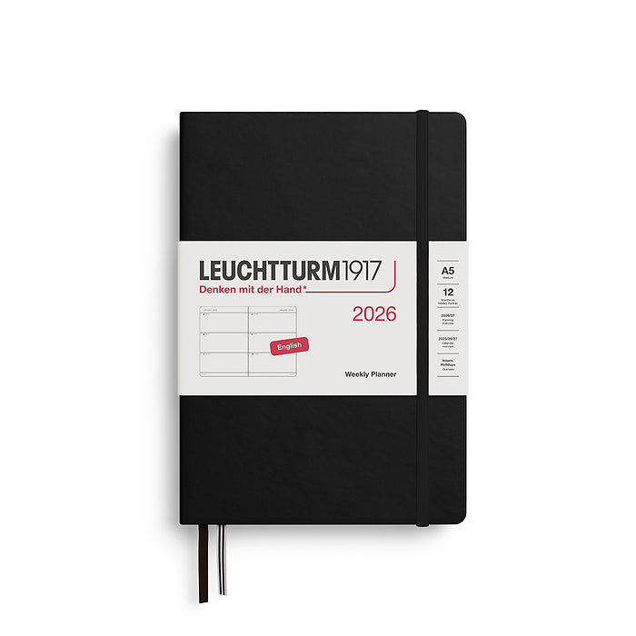 Leuchtturm1917 A5 Medium Hardcover Weekly Planner 2026 in black, featuring a minimalist weekly layout and elastic closure band, ideal for everyday organization.