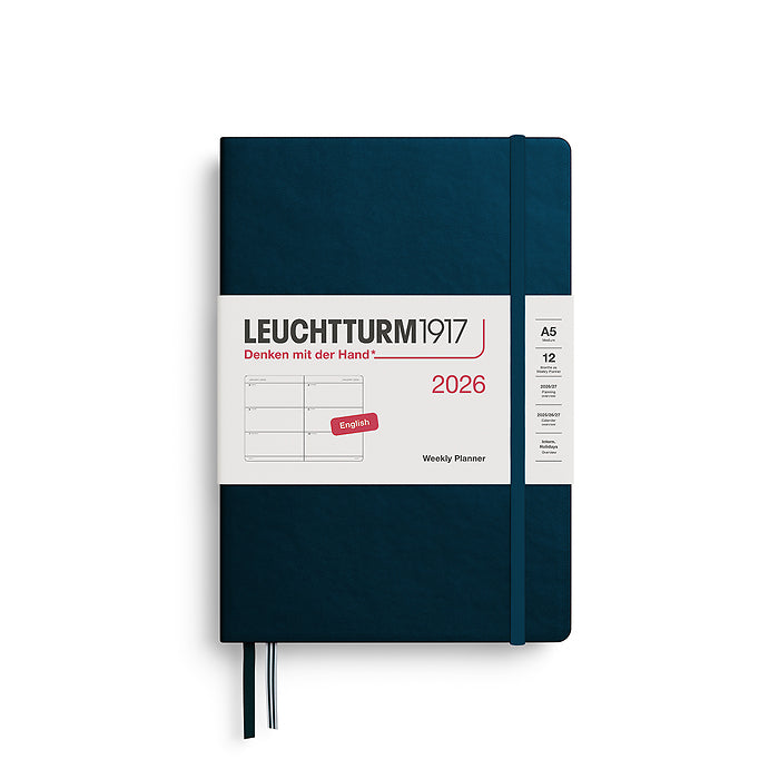 Leuchtturm1917 A5 Medium Hardcover Weekly Planner 2026 in deep sea, featuring a minimalist weekly layout and elastic closure band, ideal for everyday organization.
