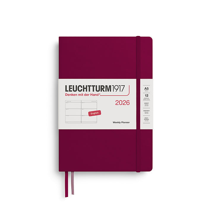 Leuchtturm1917 A5 Medium Hardcover Weekly Planner 2026 in port red, featuring a minimalist weekly layout and elastic closure band, ideal for everyday organization.