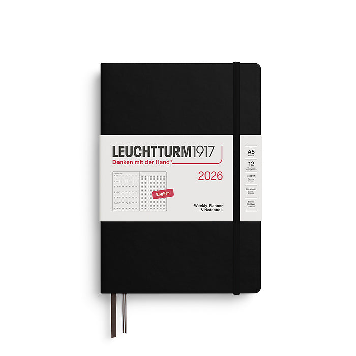 Leuchtturm1917 A5 Medium Hardcover Weekly Planner & Notebook 2026 in black, featuring a minimalist cover design with an elastic closure band. Includes dotted note pages for flexible planning.
