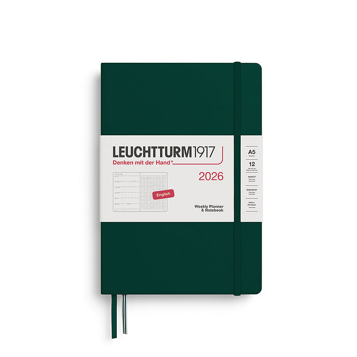 Leuchtturm1917 A5 Medium Hardcover Weekly Planner & Notebook 2026 in forest green, featuring a minimalist cover design with an elastic closure band. Includes dotted note pages for flexible planning.