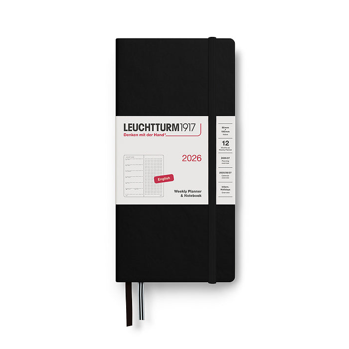 Leuchtturm1917 B6+ x A6 Wallet Hardcover Weekly Planner & Notebook 2026 in black with dotted pages, compact hardcover design, and elastic closure band for sleek portability.