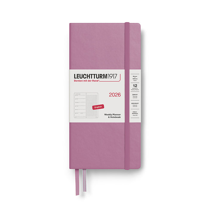 Leuchtturm1917 B6+ x A6 Wallet Hardcover Weekly Planner & Notebook 2026 in dusty rose with dotted pages, compact hardcover design, and elastic closure band for sleek portability.