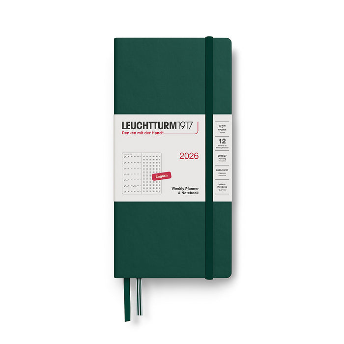 Leuchtturm1917 B6+ x A6 Wallet Hardcover Weekly Planner & Notebook 2026 in forest green with dotted pages, compact hardcover design, and elastic closure band for sleek portability.