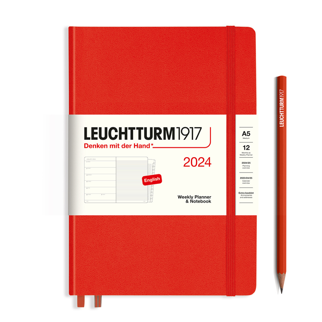 Leuchtturm1917 A5 Medium Hardcover Weekly Planner & Notebook With Booklet 2024 - Fox Red