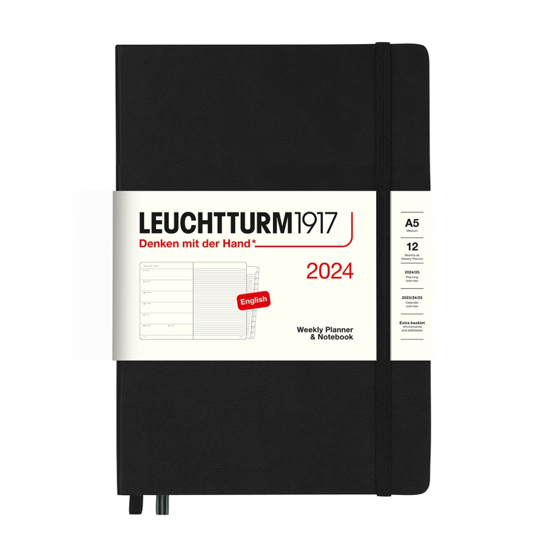 Leuchtturm1917 A5 Medium Hardcover Weekly Planner & Notebook with Booklet 2024 - Black