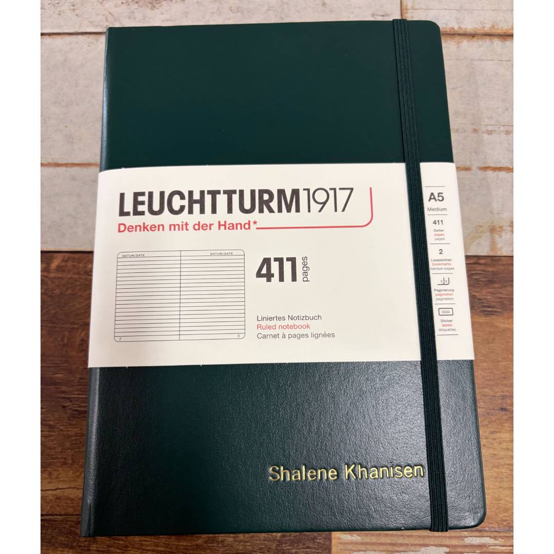 Personalized Name Embossing on Leuchtturm1917 A5 Medium Hardcover Notebook (Thick, 411 Pages) - Ruled / Forest Green