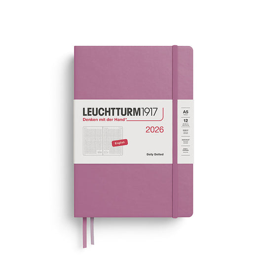 Leuchtturm1917 A5 Medium Daily Planner 2026 in dusty rose, featuring a dotted layout with a full page per day and a sleek hardcover with elastic closure.
