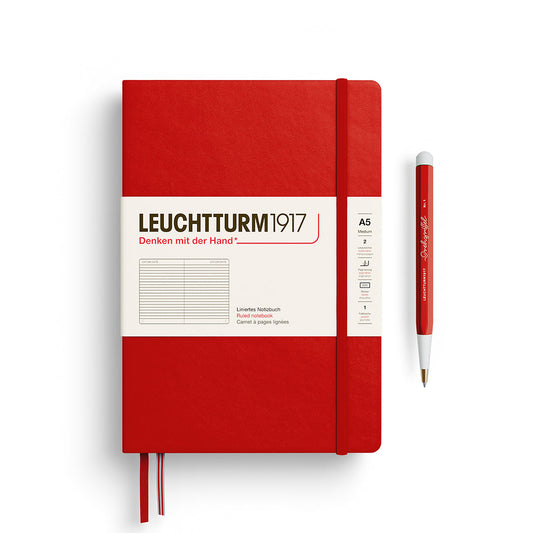 Leuchtturm1917 A5 Medium Hardcover Notebook in Cherry with ruled pages for organized journaling and notes.