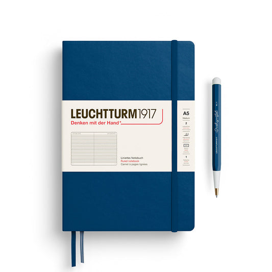 Leuchtturm1917 A5 Medium Hardcover Notebook in Indigo with ruled pages for organized notes.