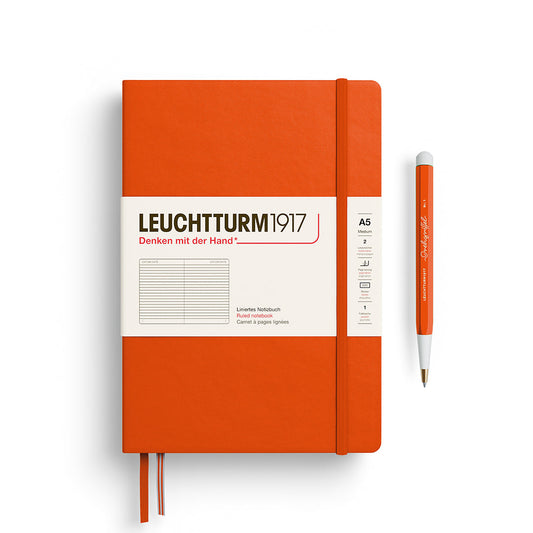 Leuchtturm1917 A5 Medium Hardcover Notebook in Pumpkin with ruled pages for structured writing.