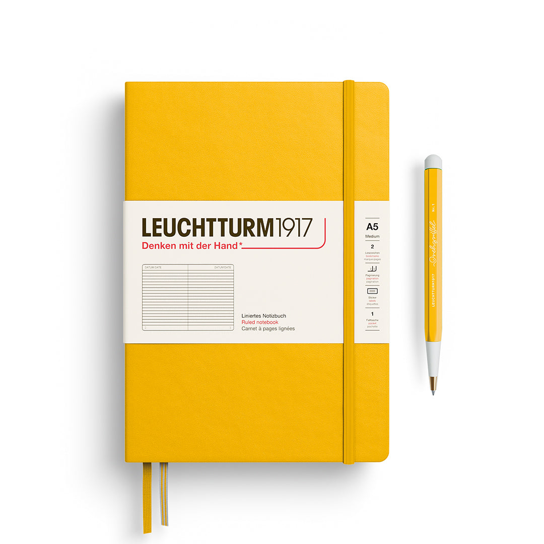 Leuchtturm1917 A5 Medium Hardcover Notebook in Sunflower with ruled pages for organized note-taking.