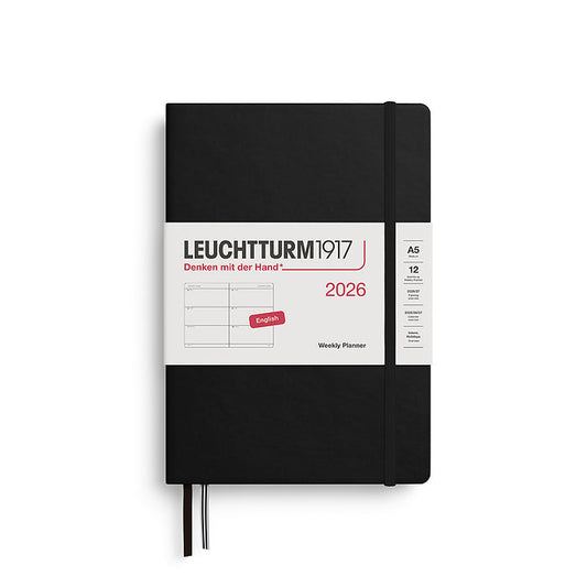 Leuchtturm1917 A5 Medium Hardcover Weekly Planner 2026 in black, featuring a minimalist weekly layout and elastic closure band, ideal for everyday organization.
