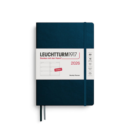 Leuchtturm1917 A5 Medium Hardcover Weekly Planner 2026 in deep sea, featuring a minimalist weekly layout and elastic closure band, ideal for everyday organization.