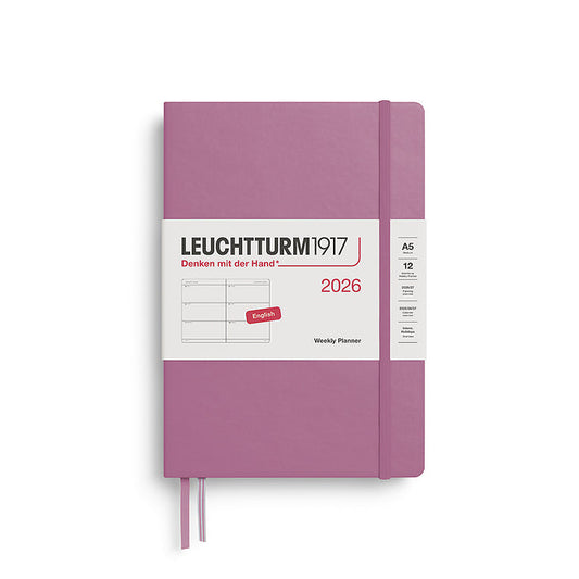 Leuchtturm1917 A5 Medium Hardcover Weekly Planner 2026 in dusty rose, featuring a minimalist weekly layout and elastic closure band, ideal for everyday organization.