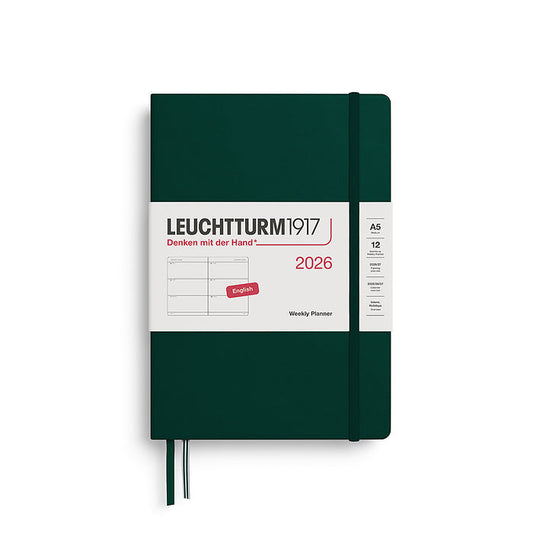 Leuchtturm1917 A5 Medium Hardcover Weekly Planner 2026 in forest green, featuring a minimalist weekly layout and elastic closure band, ideal for everyday organization.