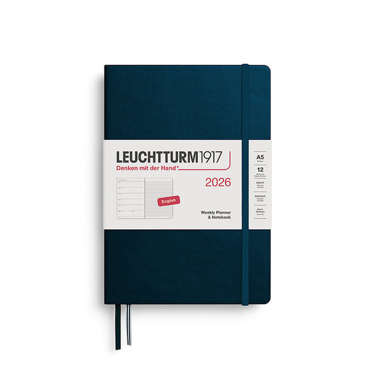 Leuchtturm1917 A5 Medium Hardcover Weekly Planner & Notebook 2026 in deep sea, featuring a sleek, minimalist design with an elastic closure band.