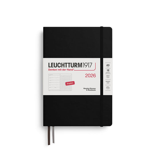 Leuchtturm1917 A5 Medium Hardcover Weekly Planner & Notebook 2026 in black, featuring a minimalist cover design with an elastic closure band. Includes dotted note pages for flexible planning.