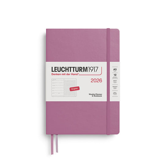 Leuchtturm1917 A5 Medium Hardcover Weekly Planner & Notebook 2026 in dusty rose, featuring a minimalist cover design with an elastic closure band. Includes dotted note pages for flexible planning.