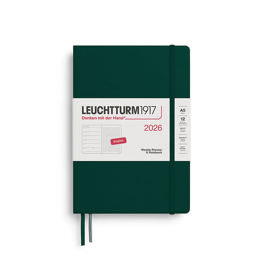 Leuchtturm1917 A5 Medium Hardcover Weekly Planner & Notebook 2026 in forest green, featuring a minimalist cover design with an elastic closure band. Includes dotted note pages for flexible planning.