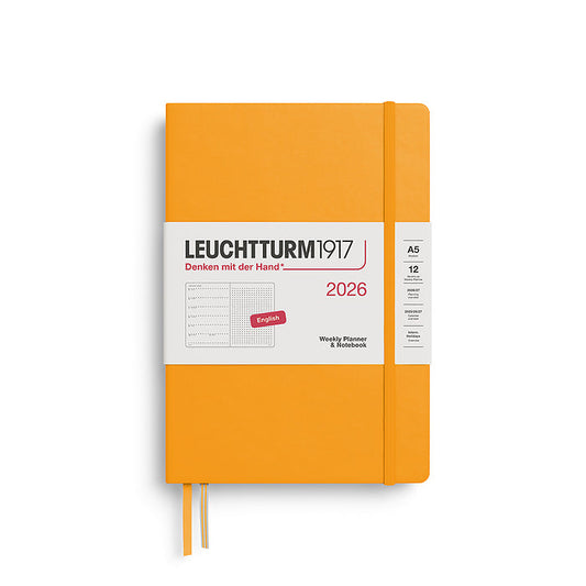 Leuchtturm1917 A5 Medium Hardcover Weekly Planner & Notebook 2026 in black, featuring a minimalist cover design with an elastic closure band. Includes dotted note pages for flexible planning.