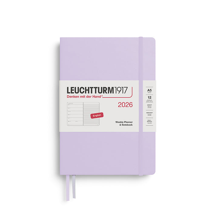 Leuchtturm1917 A5 Medium Hardcover Weekly Planner & Notebook 2026 in lilac, featuring a sleek, minimalist design with an elastic closure band.