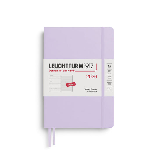 Leuchtturm1917 A5 Medium Hardcover Weekly Planner & Notebook 2026 in lilac, featuring a sleek, minimalist design with an elastic closure band.