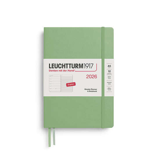 Leuchtturm1917 A5 Medium Hardcover Weekly Planner & Notebook 2026 in sage, featuring a sleek, minimalist design with an elastic closure band.