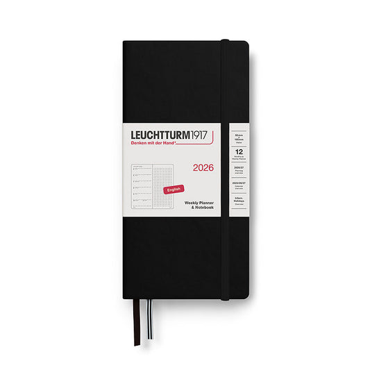 Leuchtturm1917 B6+ x A6 Wallet Hardcover Weekly Planner & Notebook 2026 in black with dotted pages, compact hardcover design, and elastic closure band for sleek portability.