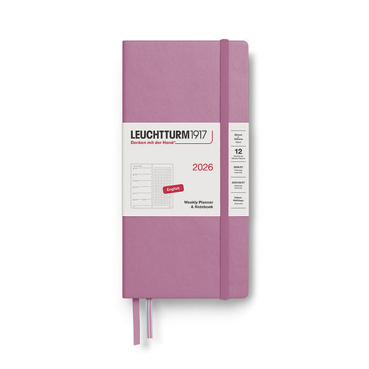 Leuchtturm1917 B6+ x A6 Wallet Hardcover Weekly Planner & Notebook 2026 in dusty rose with dotted pages, compact hardcover design, and elastic closure band for sleek portability.