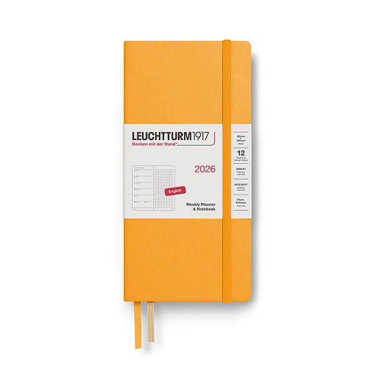 Leuchtturm1917 B6+ x A6 Wallet Hardcover Weekly Planner & Notebook 2026 in black with dotted pages, compact hardcover design, and elastic closure band for sleek portability.