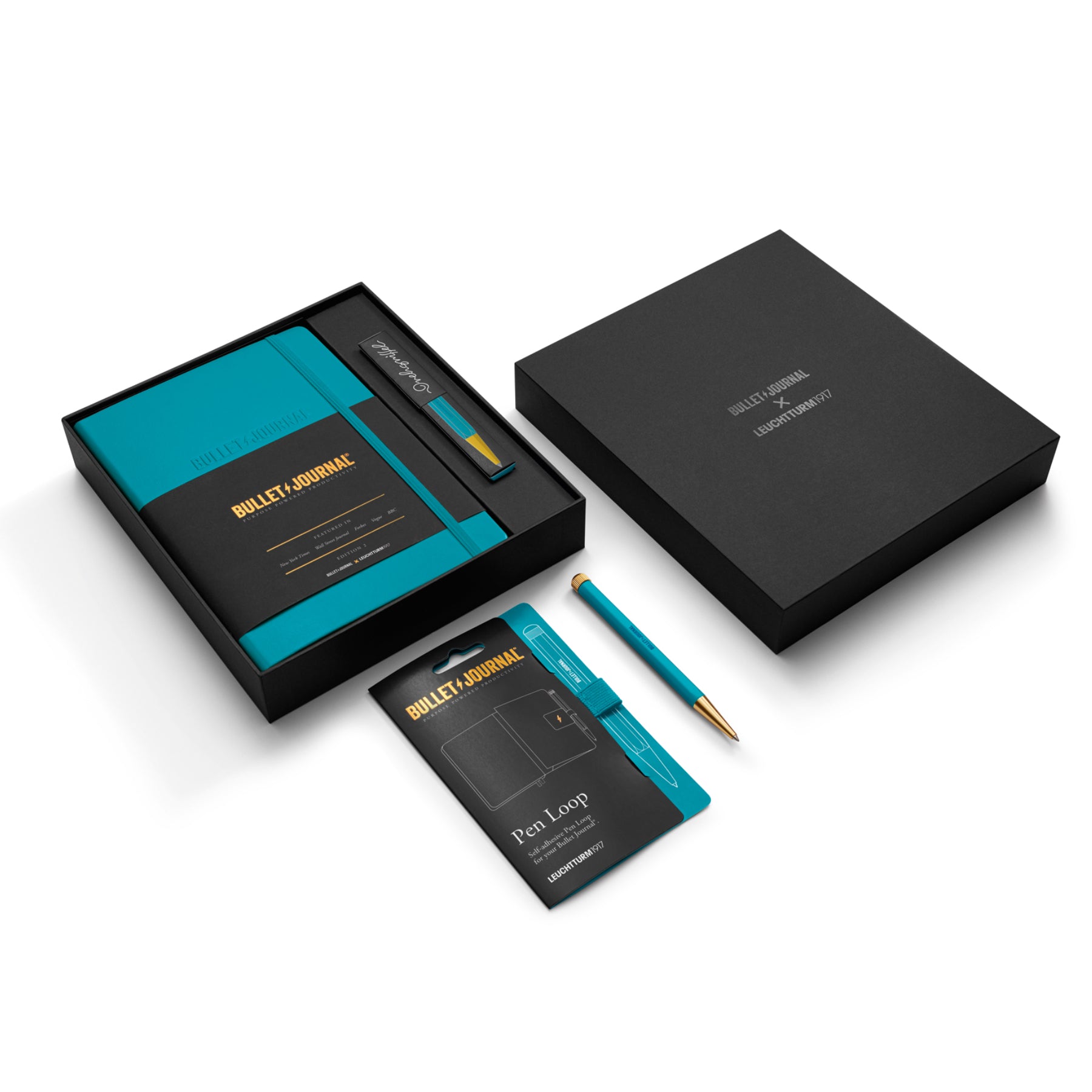 Leuchtturm1917 Bullet Journal Gift Box Turquoise25 – includes notebook, Drehgriffel Nr.1 pen, and pen loop in matching turquoise color.