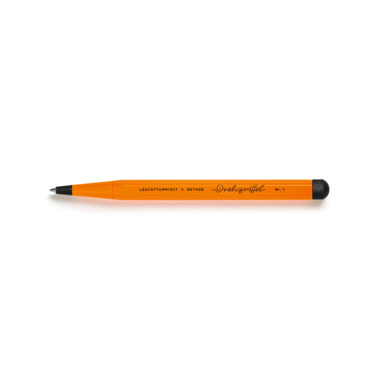 Leuchtturm1917 × Bethge Drehgriffel Nr. 1 Luminous Edition Ballpoint Pen in neon orange with black accents.