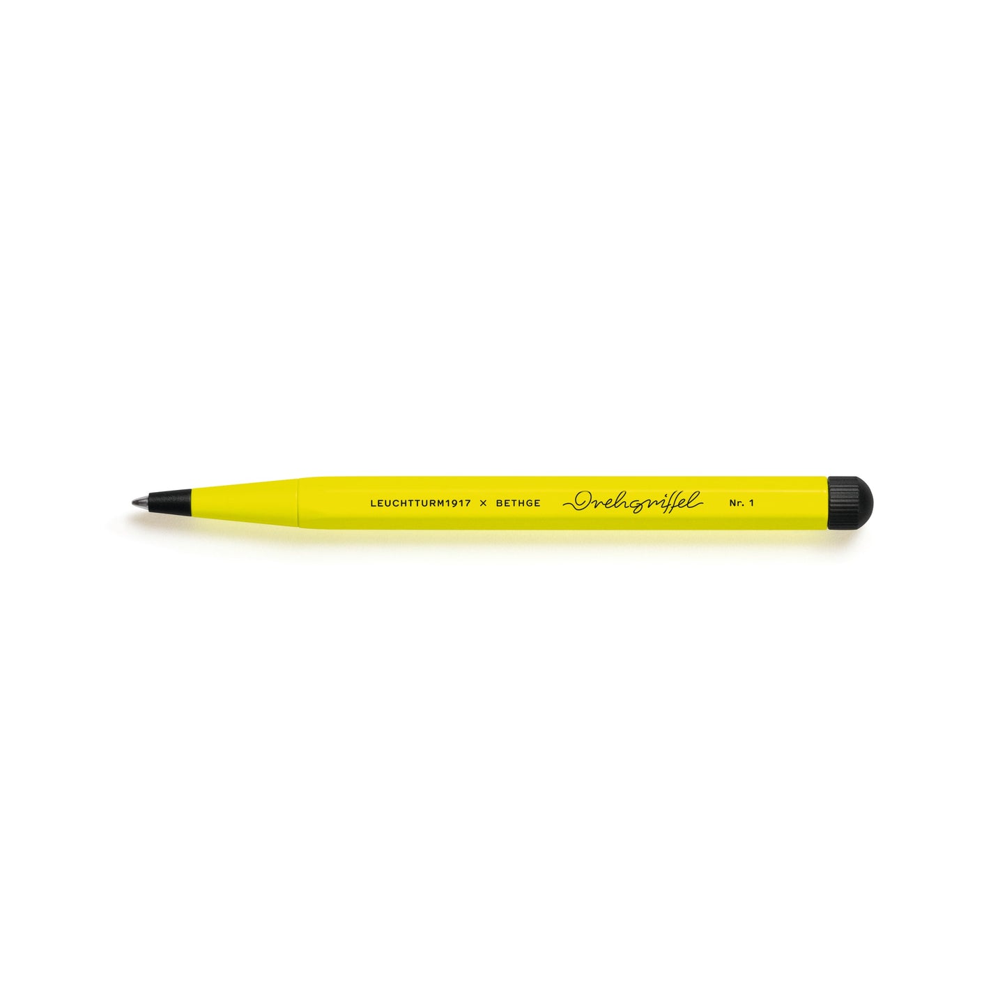 Leuchtturm1917 × Bethge Drehgriffel Nr. 1 Luminous Edition Ballpoint Pen in neon yellow with black accents.