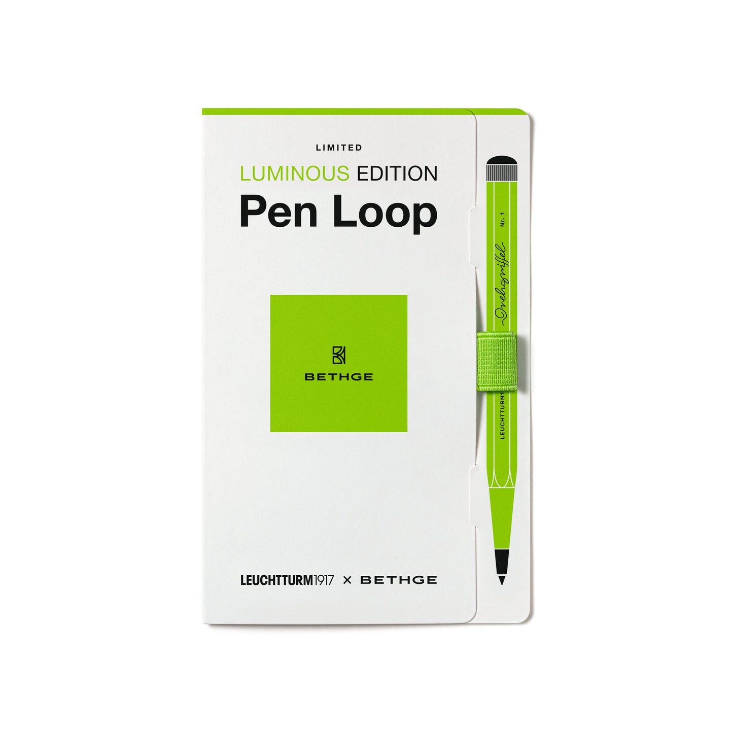 Leuchtturm1917 × Bethge Luminous Edition Pen Loop in neon green with elastic holder.