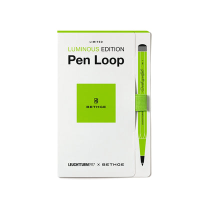 Leuchtturm1917 × Bethge Luminous Edition Pen Loop in neon green with elastic holder.