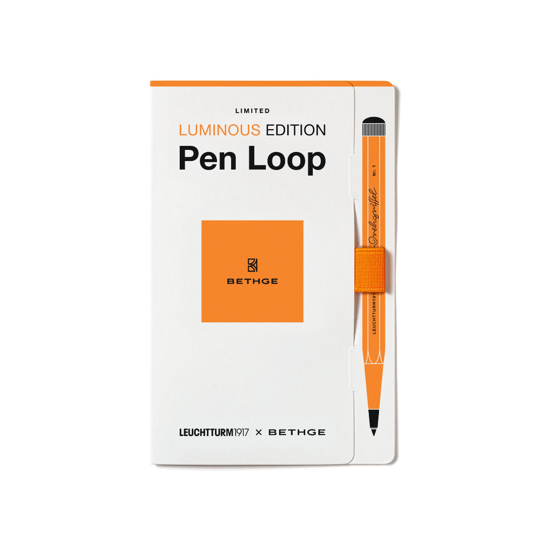 Leuchtturm1917 × Bethge Luminous Edition Pen Loop in neon orange with elastic holder.