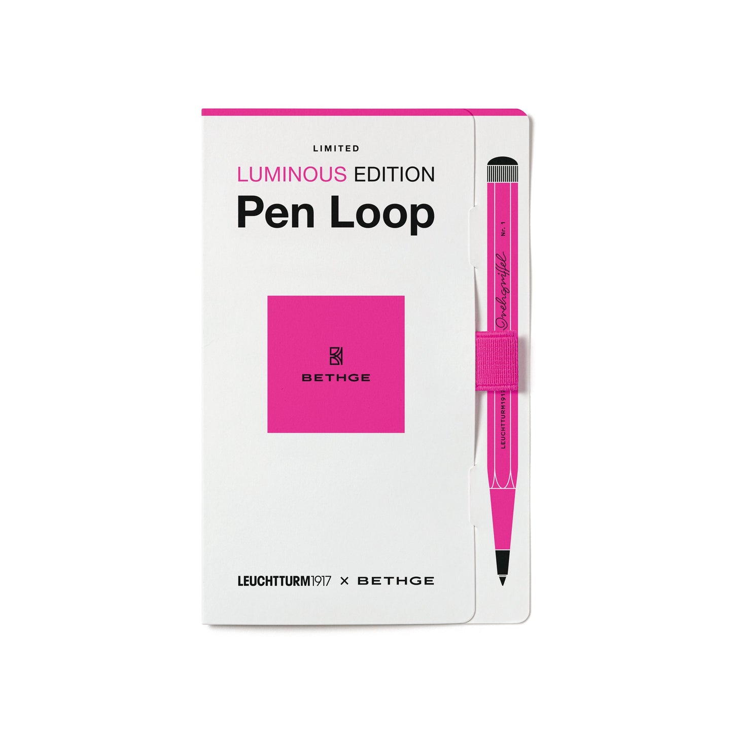 Leuchtturm1917 × Bethge Luminous Edition Pen Loop in neon pink with elastic holder.