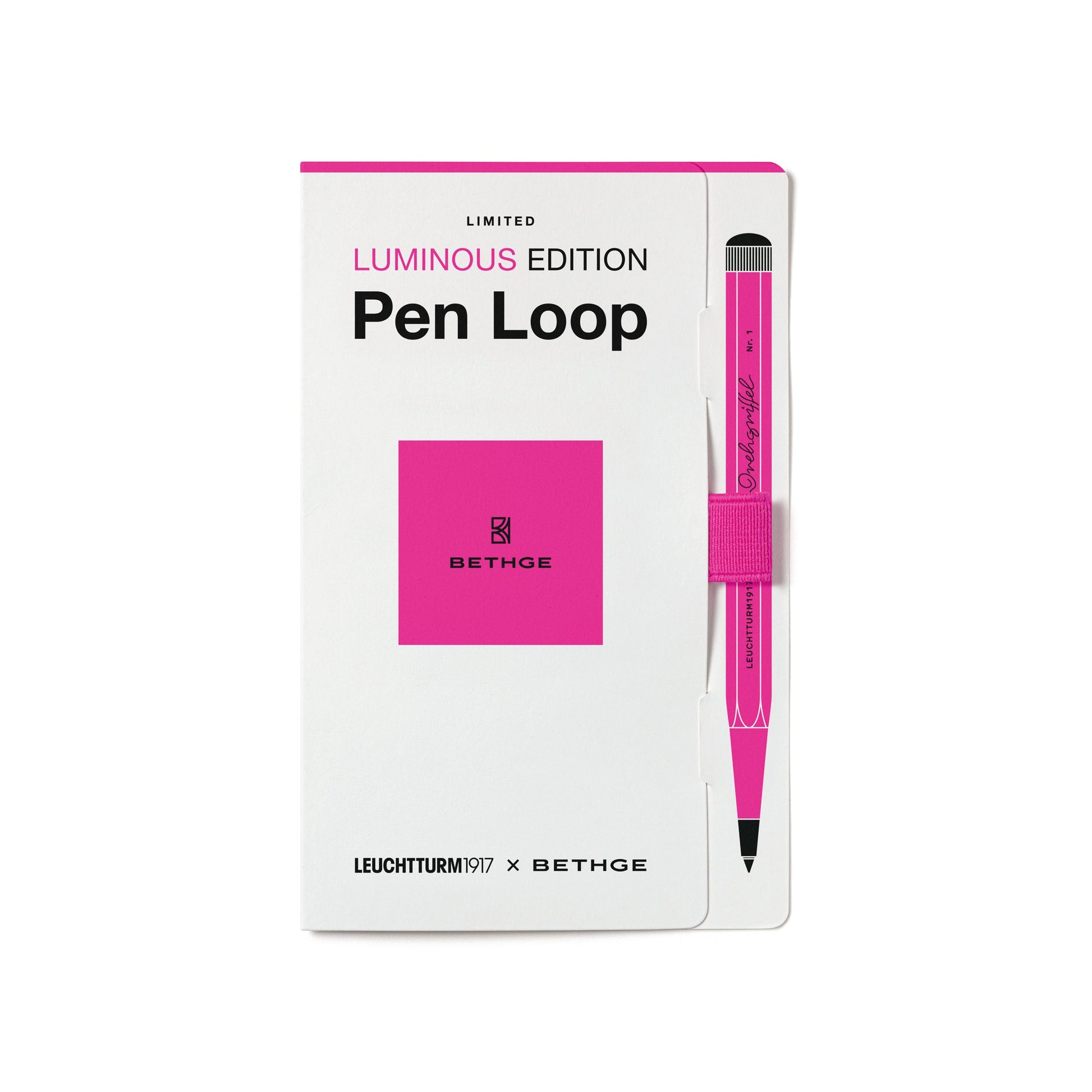 Leuchtturm1917 × Bethge Luminous Edition Pen Loop in neon pink with elastic holder.