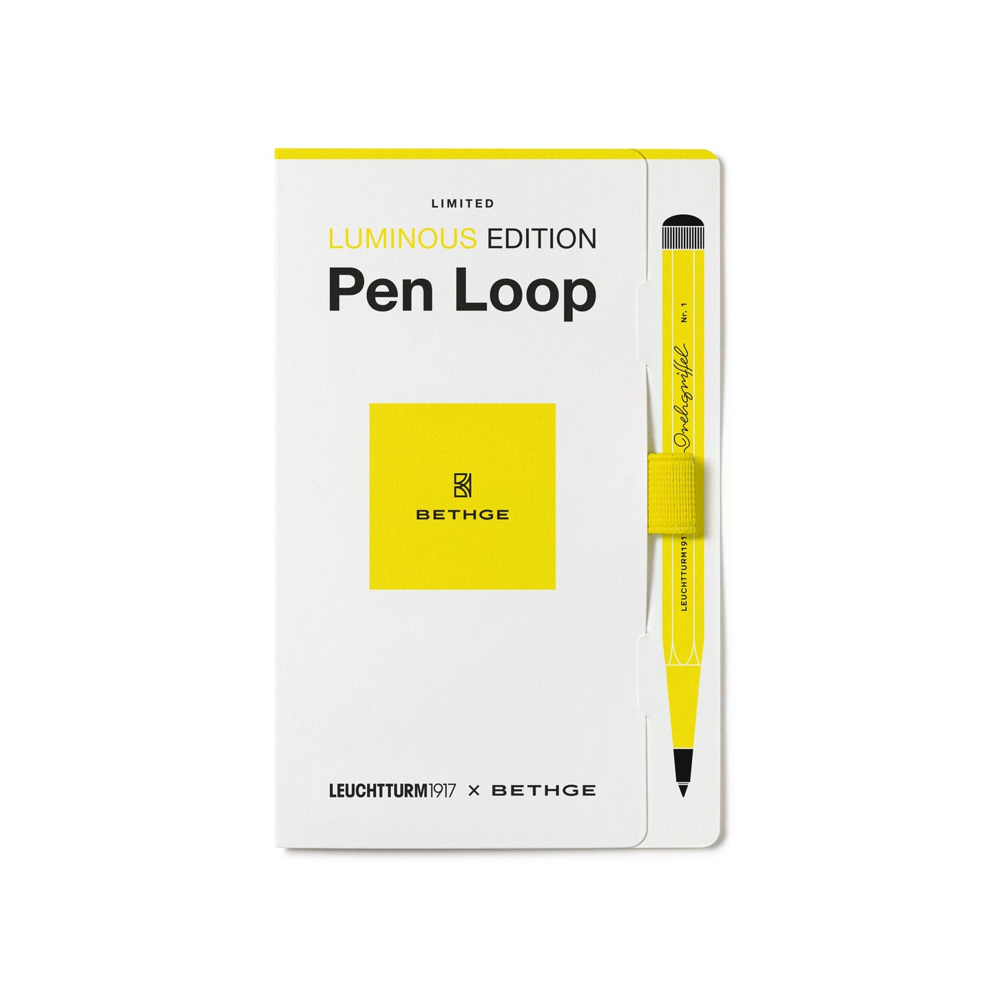 Leuchtturm1917 × Bethge Luminous Edition Pen Loop in neon yellow with elastic holder.