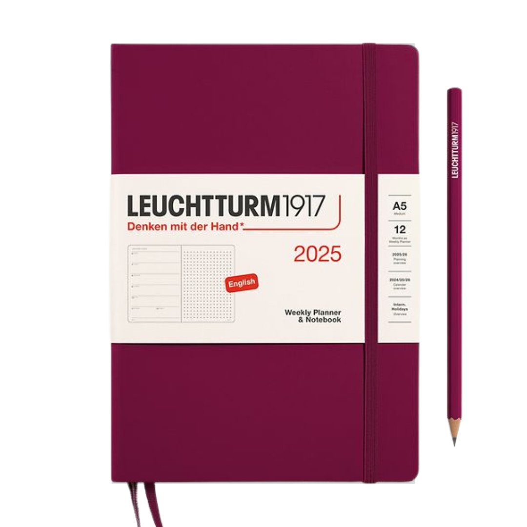 Leuchtturm1917 A5 Medium Hardcover Weekly Planner & Notebook 2025 - Dotted / Port Red